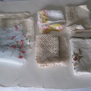 Lot of 7 Vintage Ladies Handkerchiefs Embroidered Crochet Edging Lace Silk Linen
